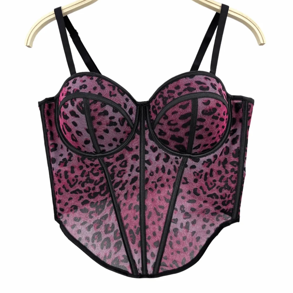 Spicy Girl Style Slim Fit Leopard Print Fishbone Camisole Sleeveless Buckle Suspender Vest Streetwear Tanks Crop Tops Nightclub