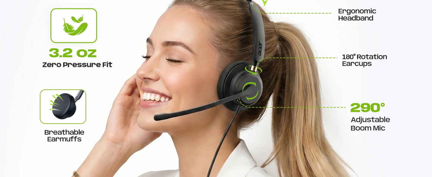 Acer USB-A/C & 3,5-mm-Stereo-Kabelgebundene Computer-Headsets mit Geräuschunterdrückendem Mikrofon und In-Line-Steuerung, kompatibel mit Teams, Zoom, UC – Detail 4