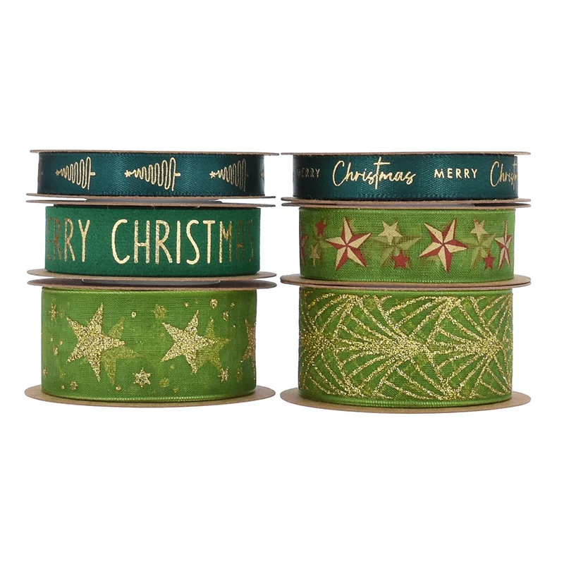 Green Gold-stamped and Glitter-sprinkled Christmas Decorative Ribbons, Fresh Flower Wrapping, and Gift Packaging Ribbons.