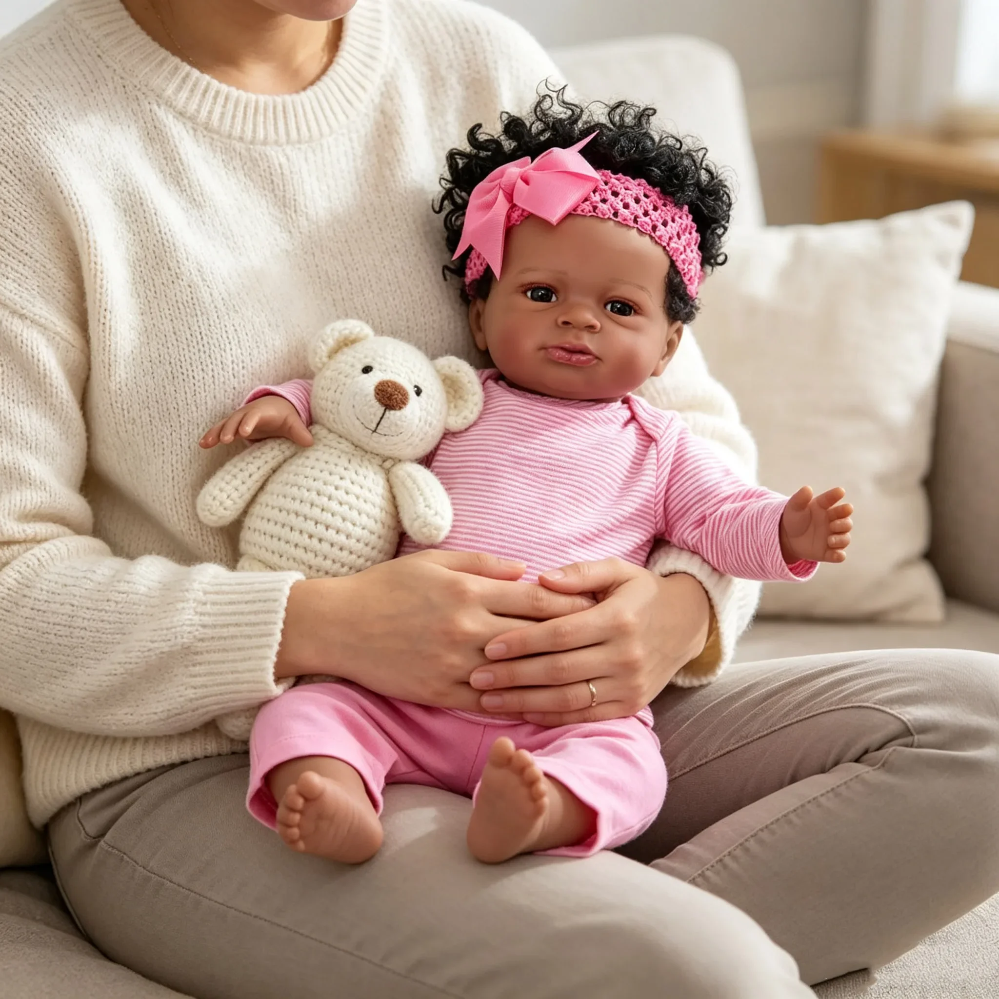 19inch Multiple Layers Painting 3D Skin Soft Cotton Body Cuddly Dark Skin Lanny Lifelike Reborn Baby Doll with Hand Root Hair