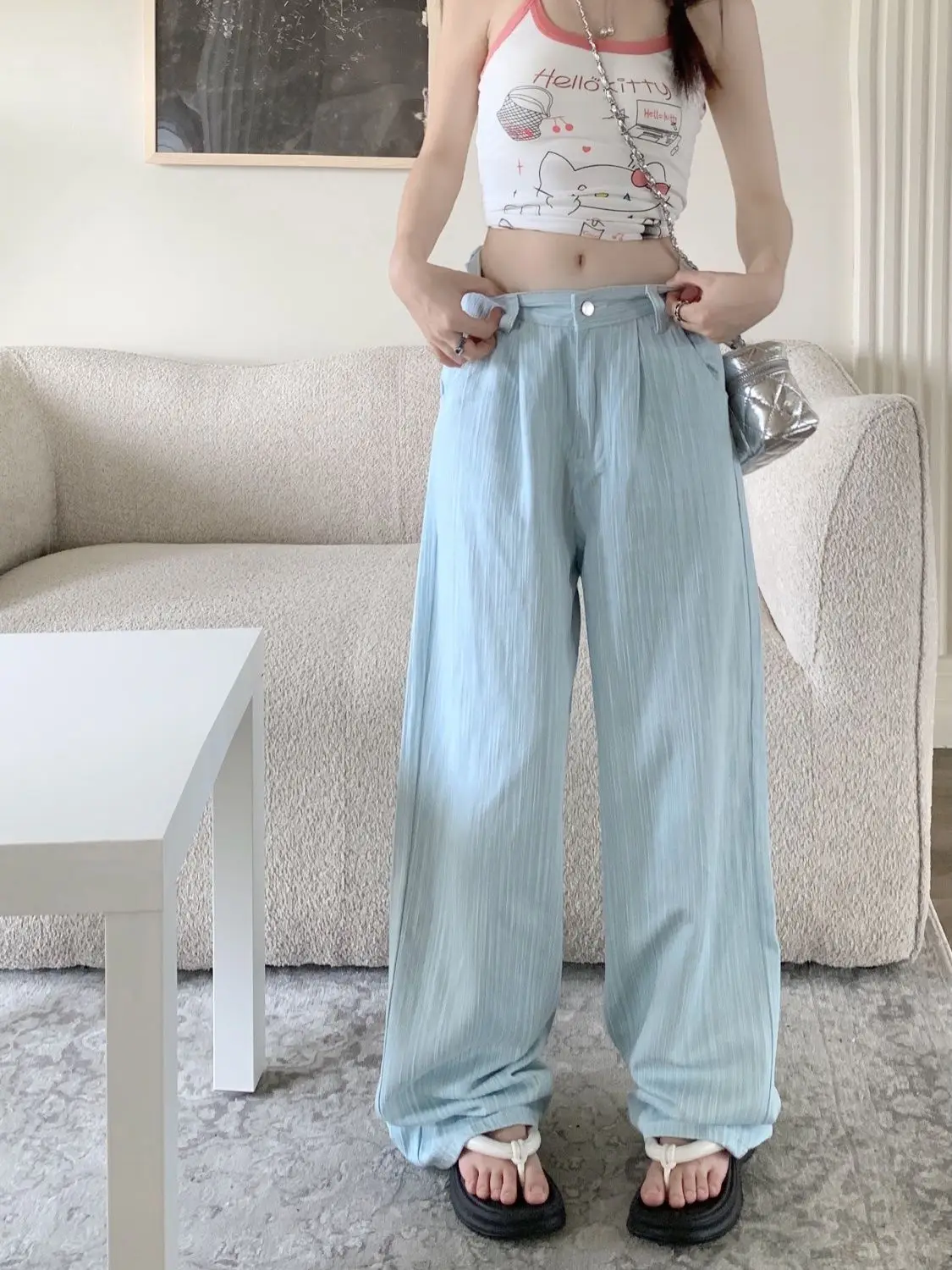 Jeans hellblaue Frauen Streifen weites Bein Vintage Street Style Baggy Bottoms junges Mädchen Freizeit hose weibliche Hose