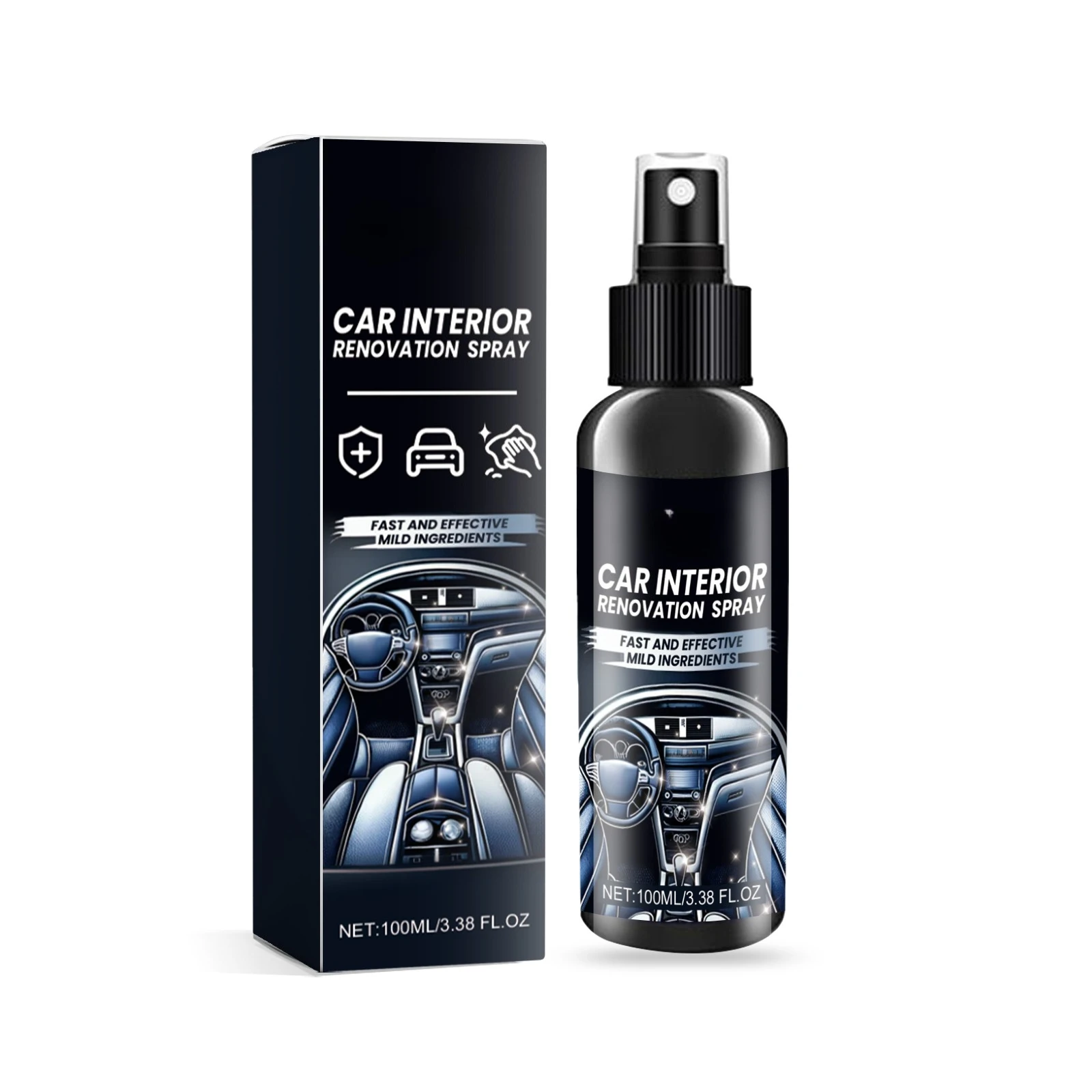 

Car interior refurbishment spray, seat interior dashboard cleaning and decontamination maintenance refurbishment care agent