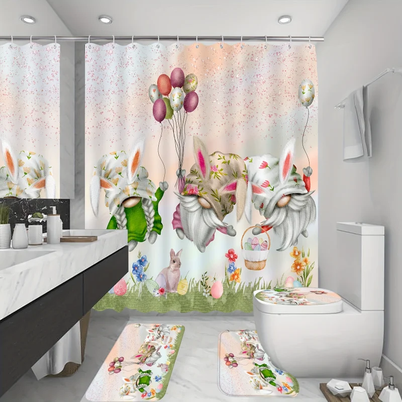 4pcs Easter Gnomes Pattern Shower Curtain Set, Waterproof Shower Curtain With 12 Hooks, Non-Slip Bath Rug, U-Shape Mat, Toilet