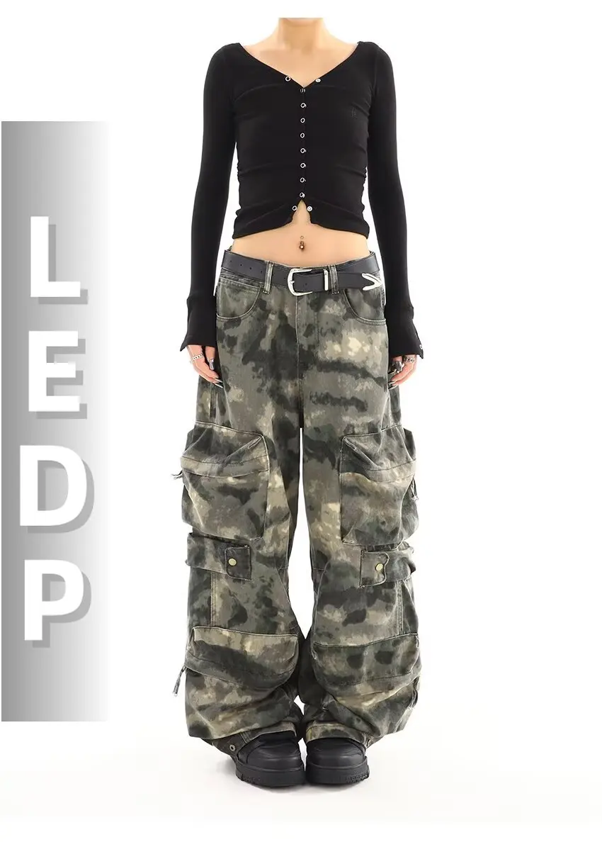 IMU American Vintage Multi-pocket paratrooper Camouflage Pants Women Y2K Streetwear Wide Leg Pants Popular Casual Straight Trous