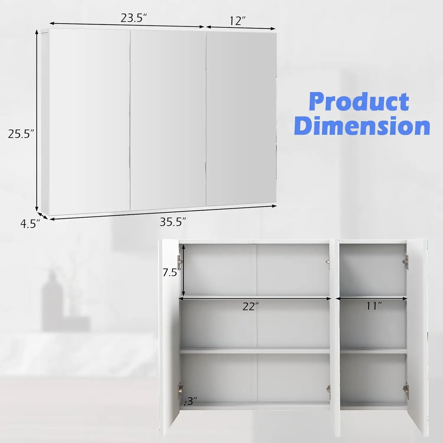 Verspiegelter Medizinschrank, großer, breiter Wandschrank mit 3 Spiegeltüren und verstellbarem Regal, 36 x 4,5 x 25,5 Zoll,