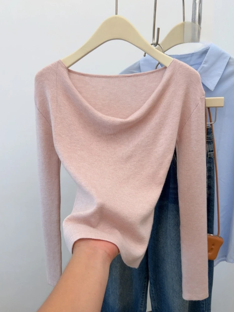 Autumn Winter Long Sleeve Inner Wear Tops Pink Pure Desire Off Shoulder Knit Pullover for Women Unique Slim Cowl Neck Sweater