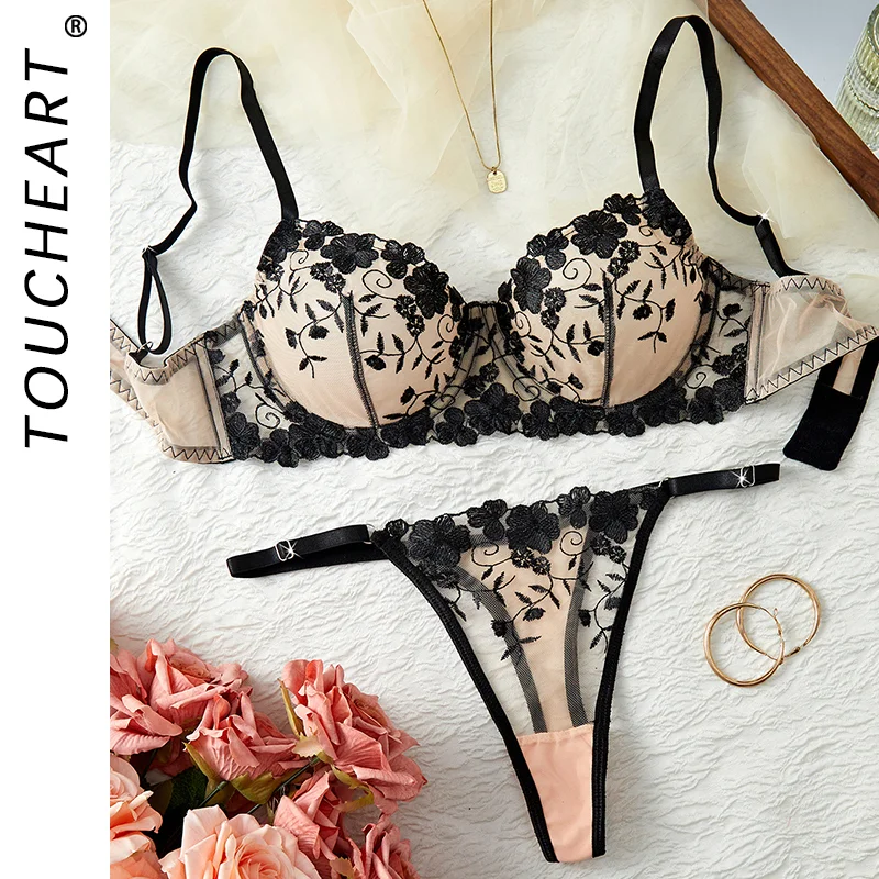 

Toucheart Erotic Underwear Mesh See-through Embroidery Vine Thin Model Gather Together Seductive Intimate Women Premium Bra Set