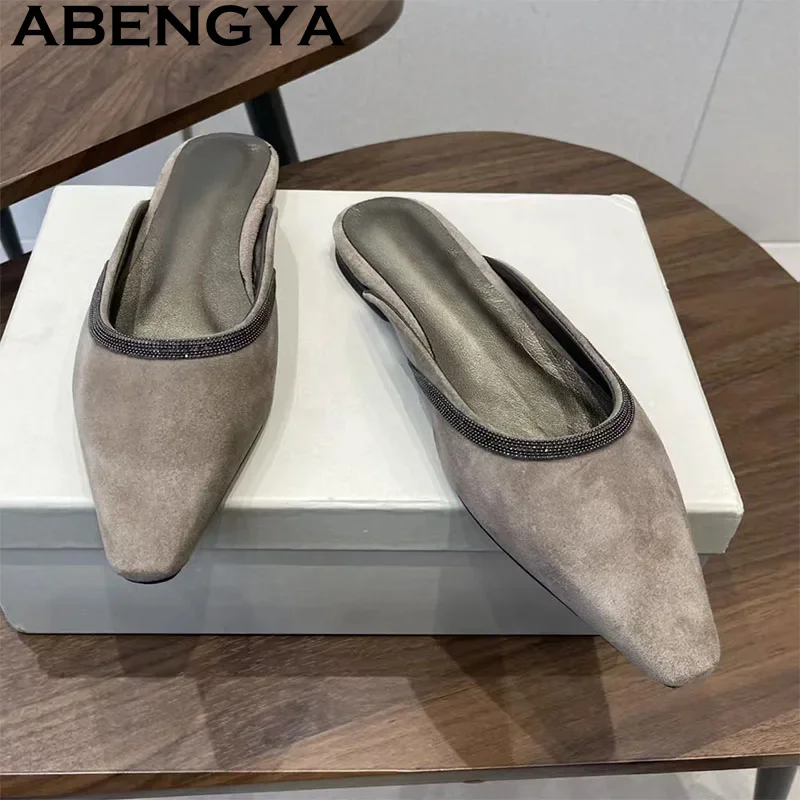 

High Quality Suede Leather Pointy Wrap Toe Flat Slippers for Women Summer Classics Slippers 35-41 Size Casual Walk Shoes Mujer