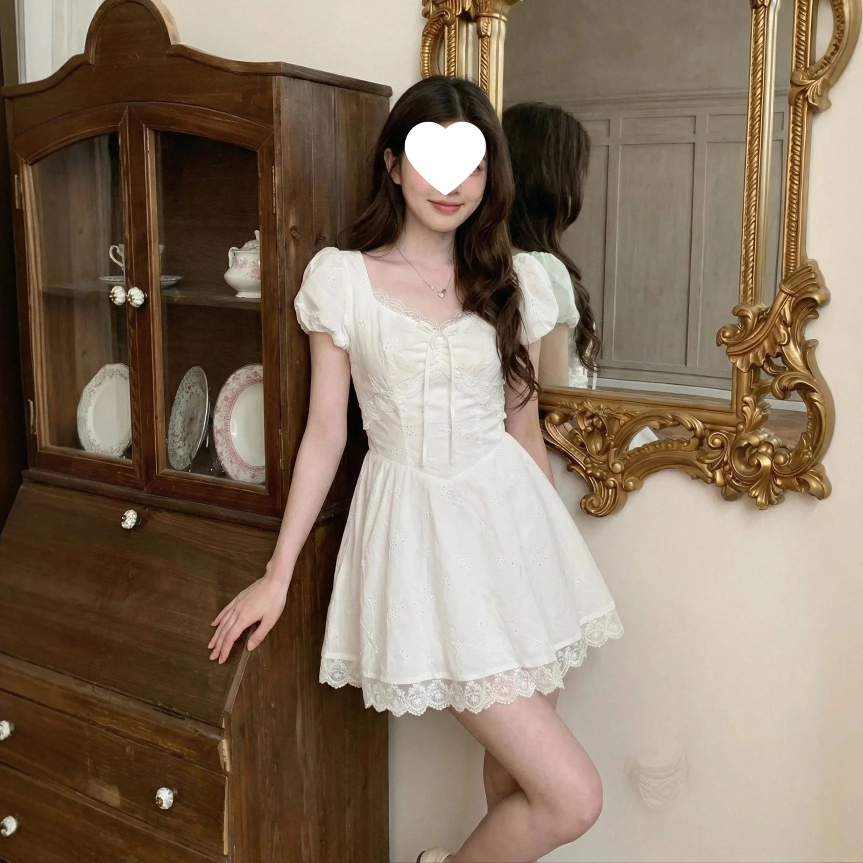 Sweet French Style Lace Dress Women Summer Bubble Sleeve Hollow out Embroidery Mini Skirt Thin Fabric V-Neck Short Sleeve Sli...