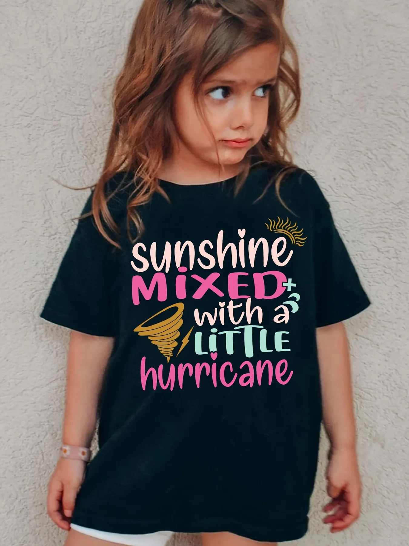 Summer Children's Fashion T-shirt Sunshine Mixed with A Little Hurricane Letter Print Cute Short Sleeved Casual Parent-child Top