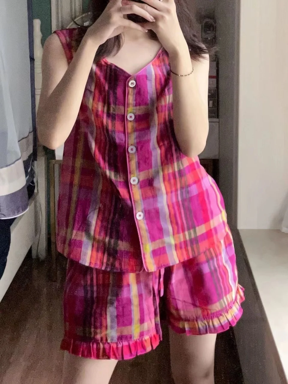 

Women Clothing Sleeveless Loungewear Set-Colorful Plaid Print Tank Top+Ruffled Hem Shorts Loose Comfort Home Wear Spring Summer