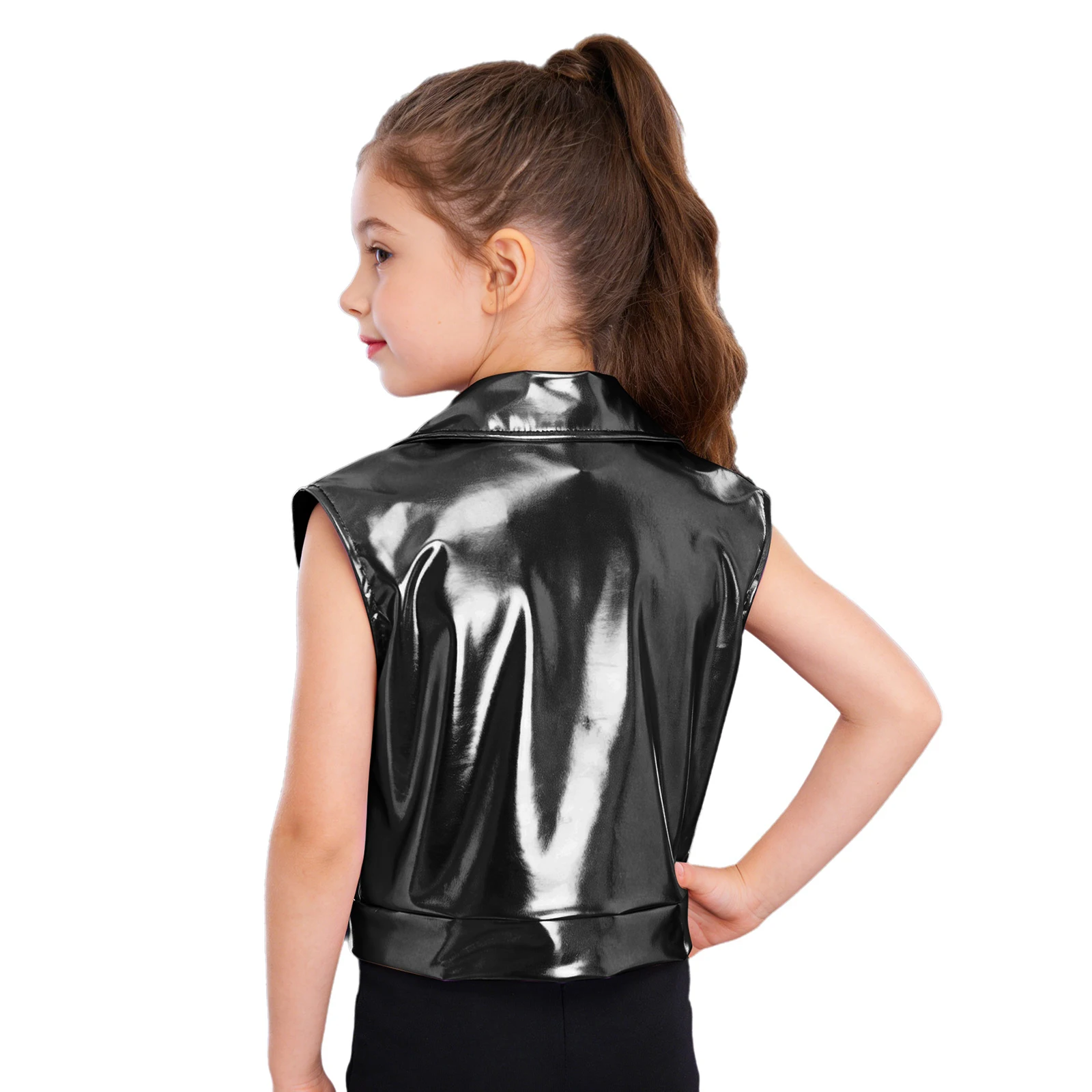 Kids Boys Girls Metallic Hip Hop Jazz Dance Jacket Vest Sleeveless Zipper Waistcoat Disco Party Stage Performance Streetwear