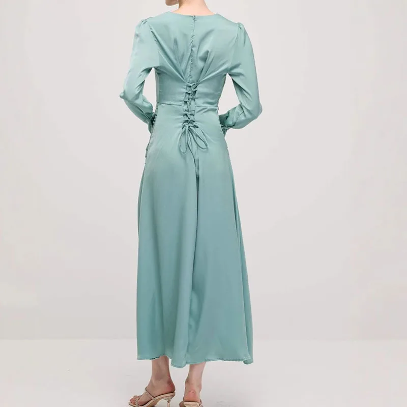 Vestido largo de satén ajustado drapeado con varias telas para mujer, vestido largo informal de manga larga con cintura y cuello redondo, vestido de fiesta de Color sólido