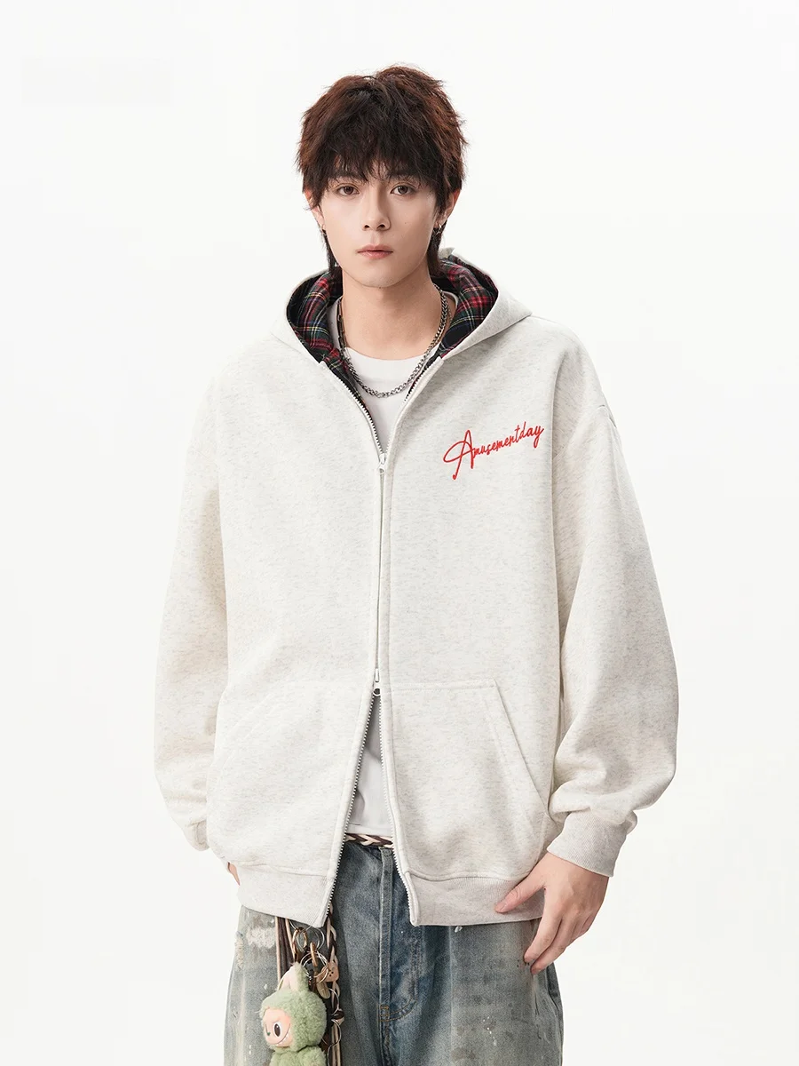 

American Retro Plaid Hooded Zipper Cardigan Sweatshirt Men's Autumn Winter Trendy Heavy Embroidery Hat Shirt Sports Jacket