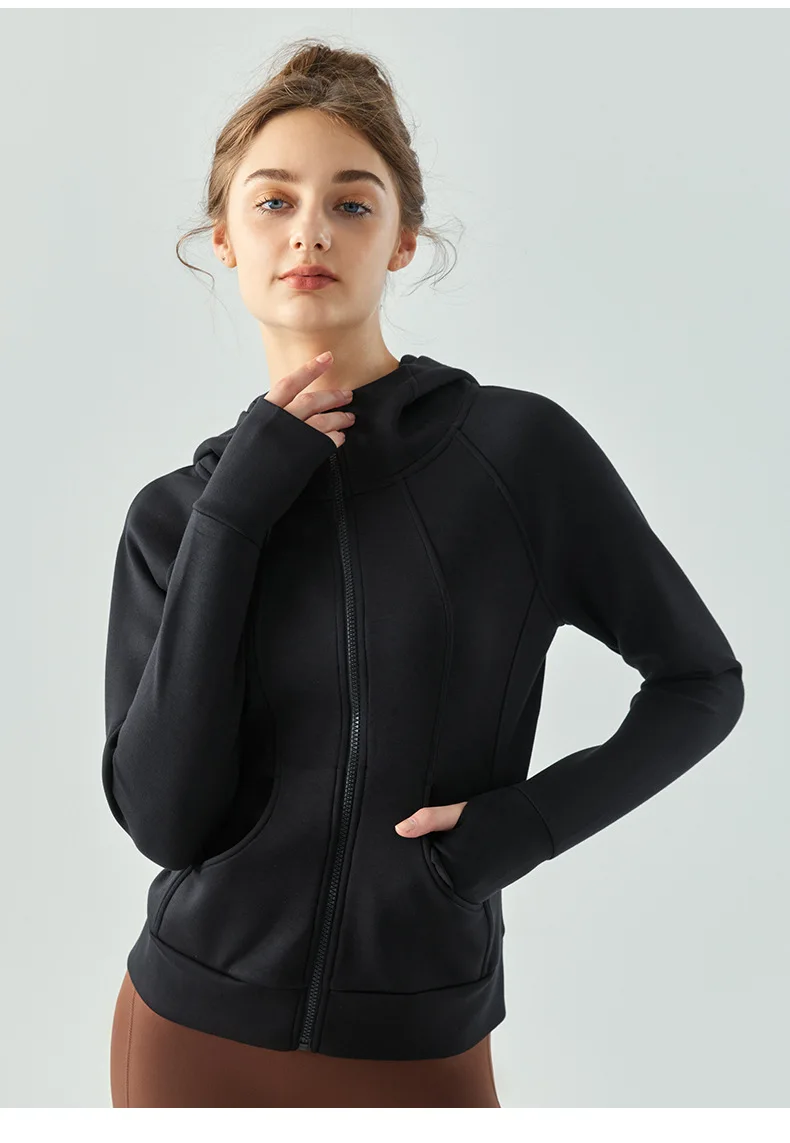 Yunrou Air Layer Sports Coat for Women, Zipper Hooded  Long Sleeve, Loose Fitting, Running Fitness Top, Autumn