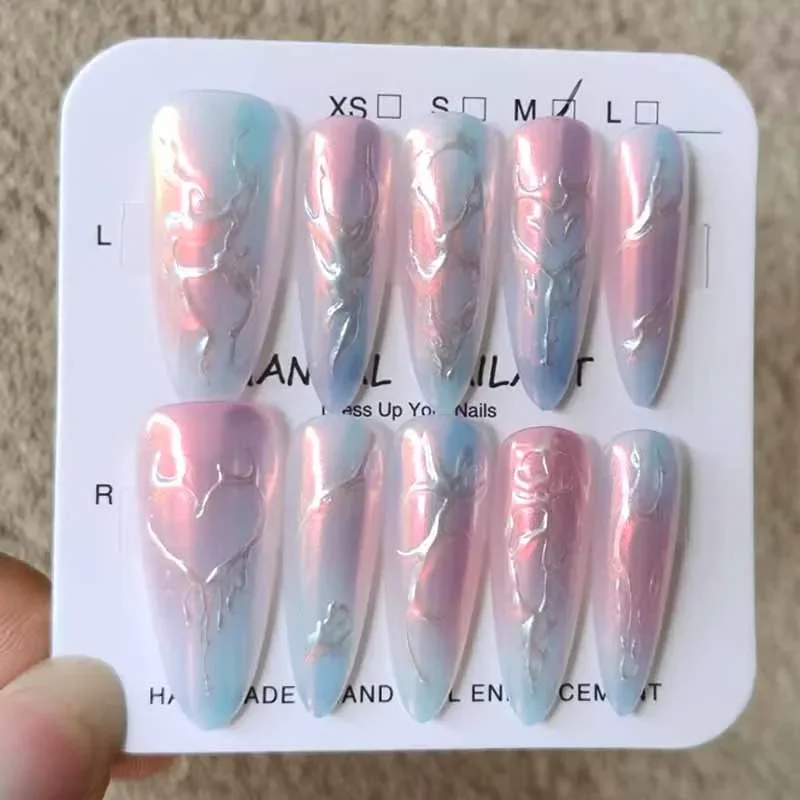 10 Uds. Ins Trend señoras Blue Star River Red Flame Series almendras largas hechas a mano prensa en uñas Chic ojo de gato parche para uñas arte de uñas