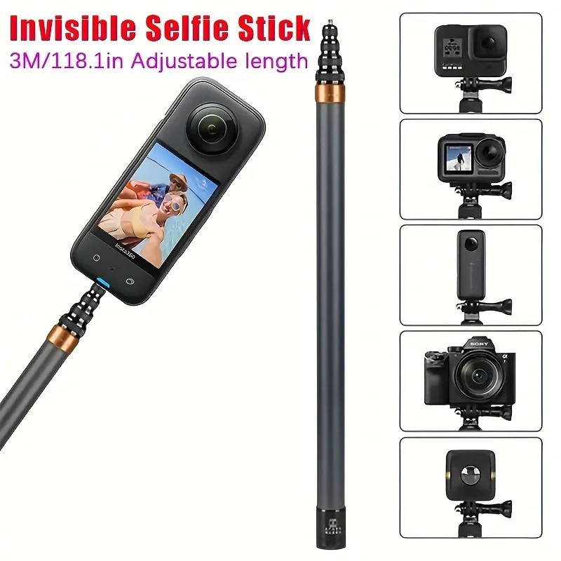 290CM Carbon Fiber Invisible Extended Edition Selfie Stick for Insta360 X3 GO 3 Action 4 Accessories for GoPro Selfie Stick