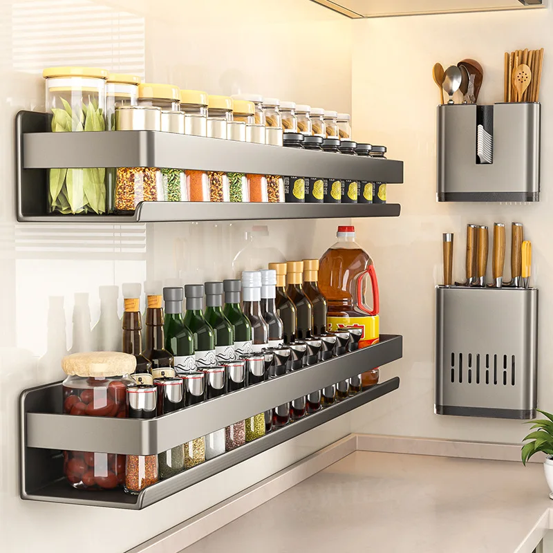 

Wall Mounted Spice Rack No Drill Kitchen Organizer Set Multifunctional Storage Shelf