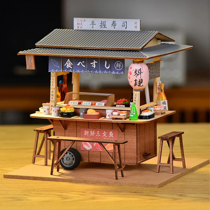 

DIY Wooden Doll House Japanese Sushi Store Miniature Building Kit BBQ Breakfast Dollhouse With Furniture Toys for Girls Gifts