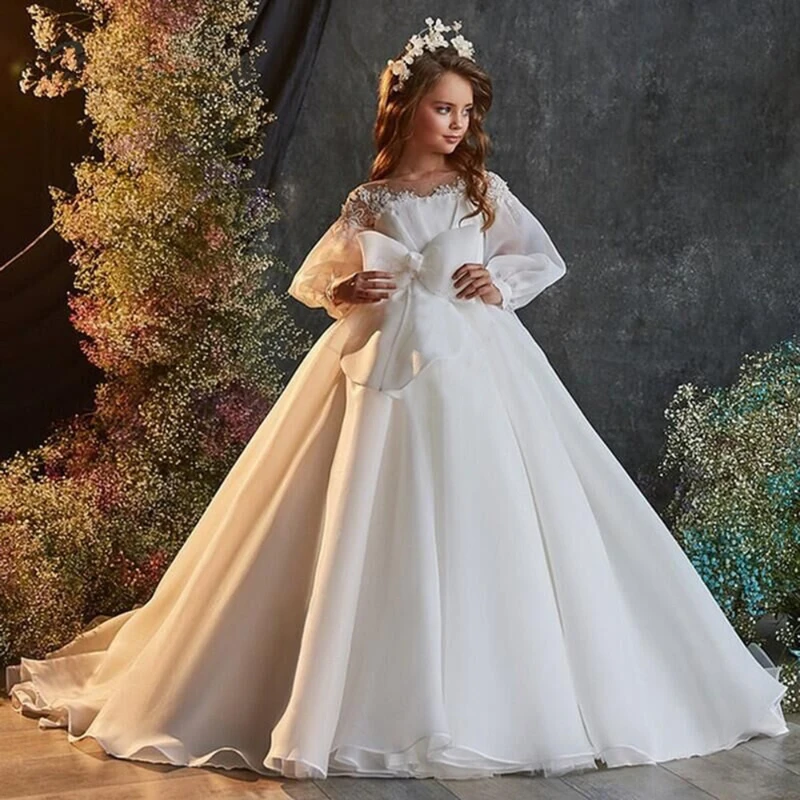 Children Dresses Kids Long Sleeve Wedding Gown Host Performance Pageant Train Puffy Tulle Dress for Birthday Costumes Clothes