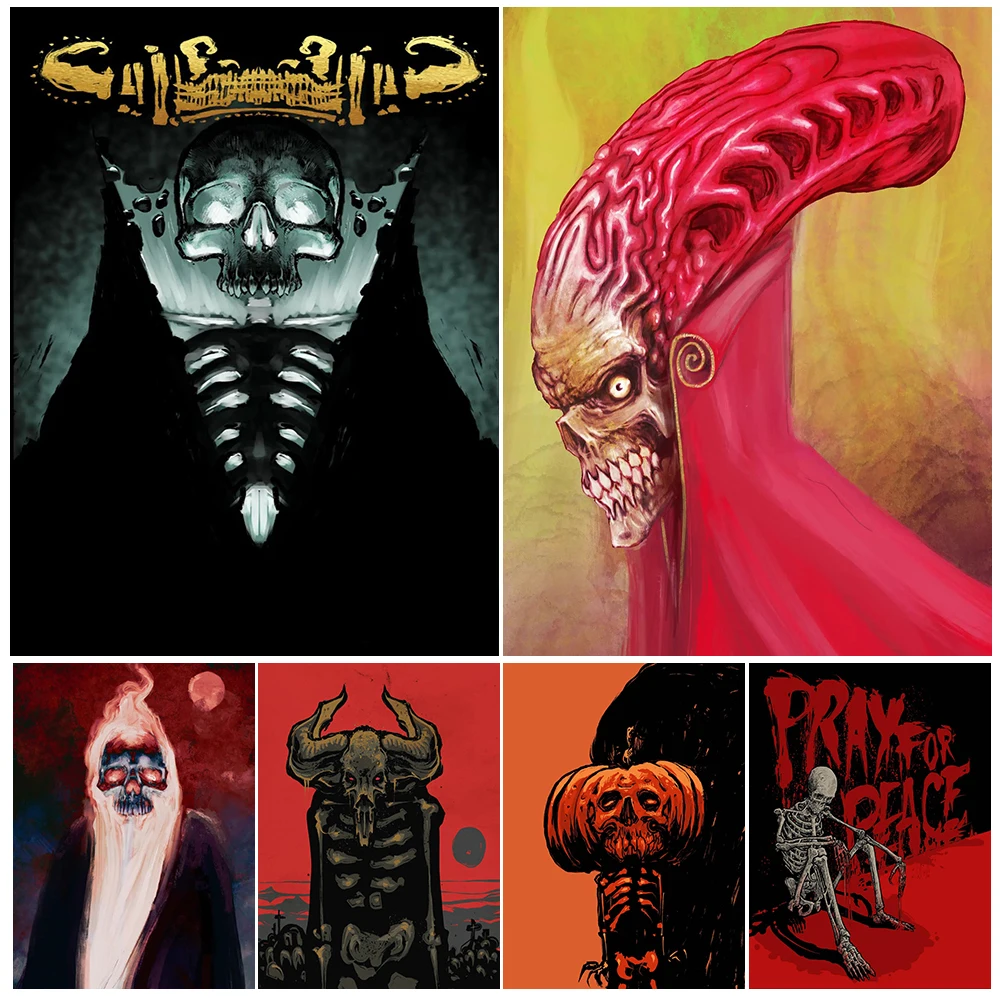 Skeleton Demons And Aliens Abstract Wall Art Canvas Painting Pagan Witchcraft Fantasy Gothic Art Poster Print Home Decoration
