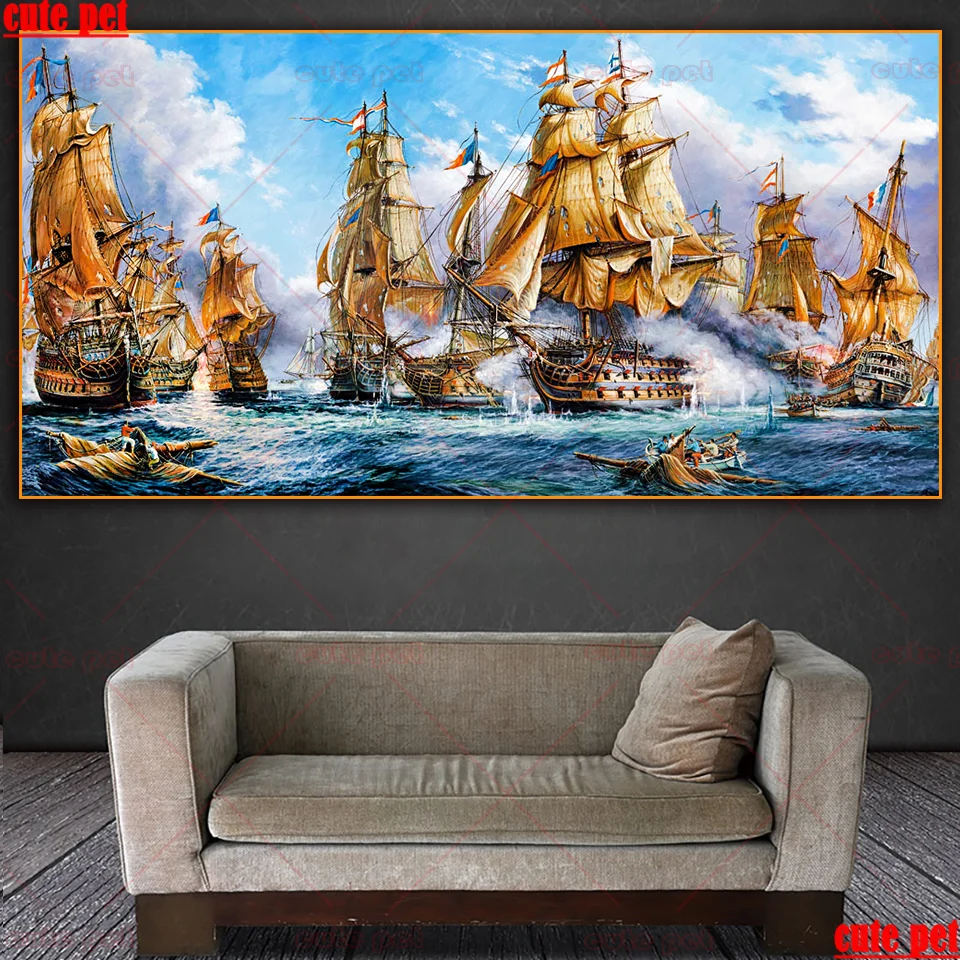 5D Diamond Painting Sailing naval battle Cross Stitch kit picture Round Diamond Embroidery rhinestone puzzle Decor Holiday large