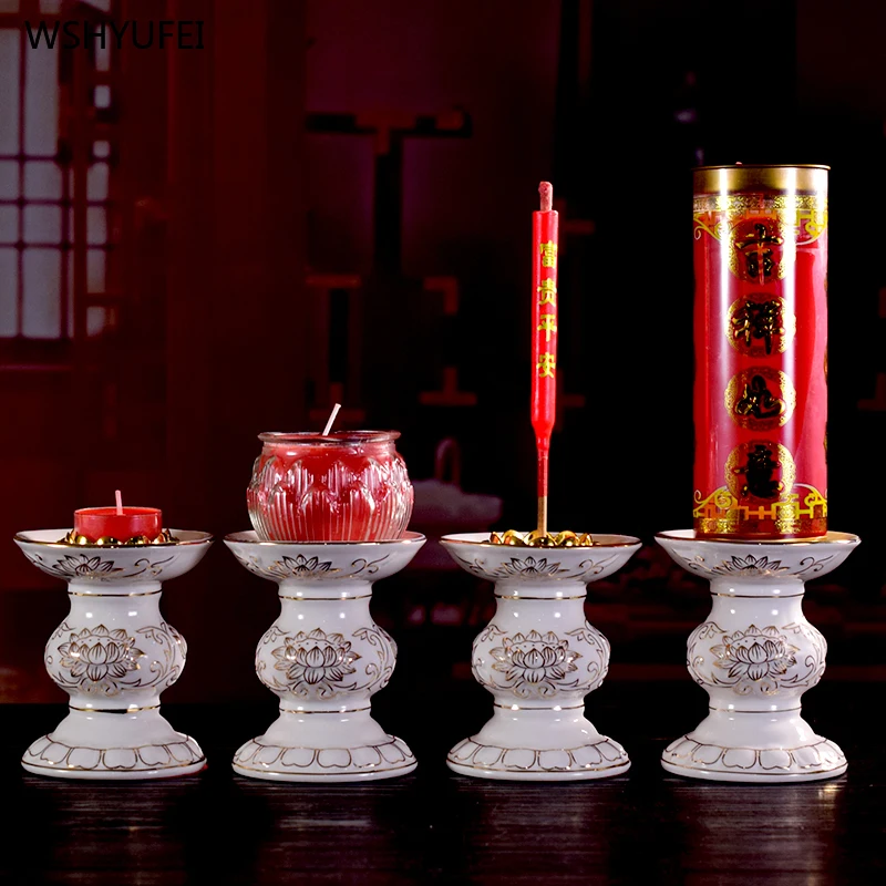 Ceramic incense burner White porcelain gilded candlestick Offering items in front of Buddha Household Buddhist temple ornaments - Image 2