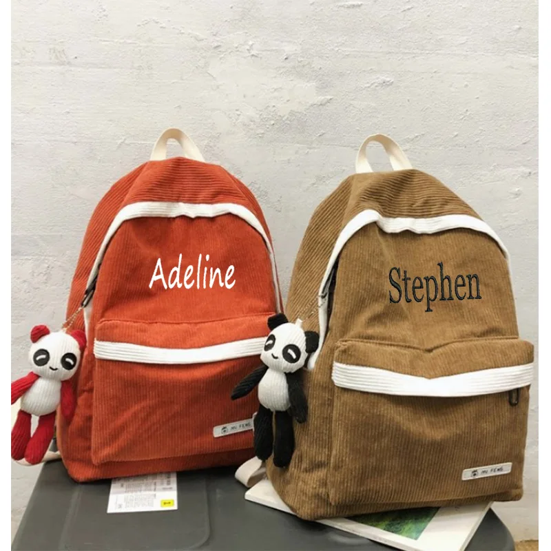 

Corduroy Schoolbag Personalize Name Simple Campus Backpack for Middle School Boys and Girls Custom Outdoor Corduroy Shoulder Bag