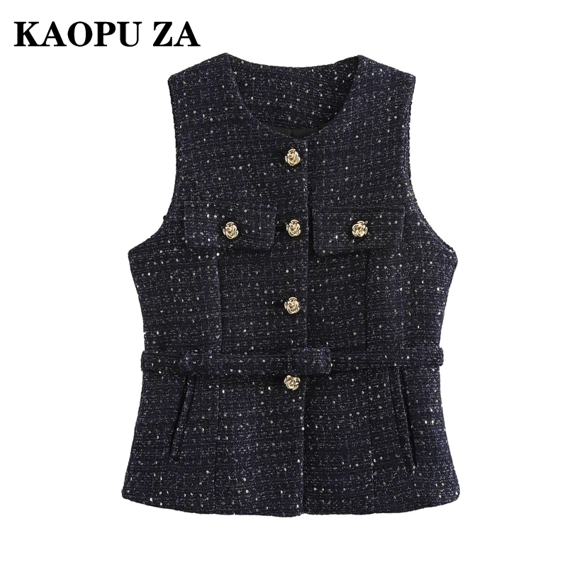 KAOPU ZA 2024 Autumn Woman Party Sleeveless Vest Waistcoat Edgy Female V-Collar Gilet Ruffles Regular Fit Pockets Top Sequins