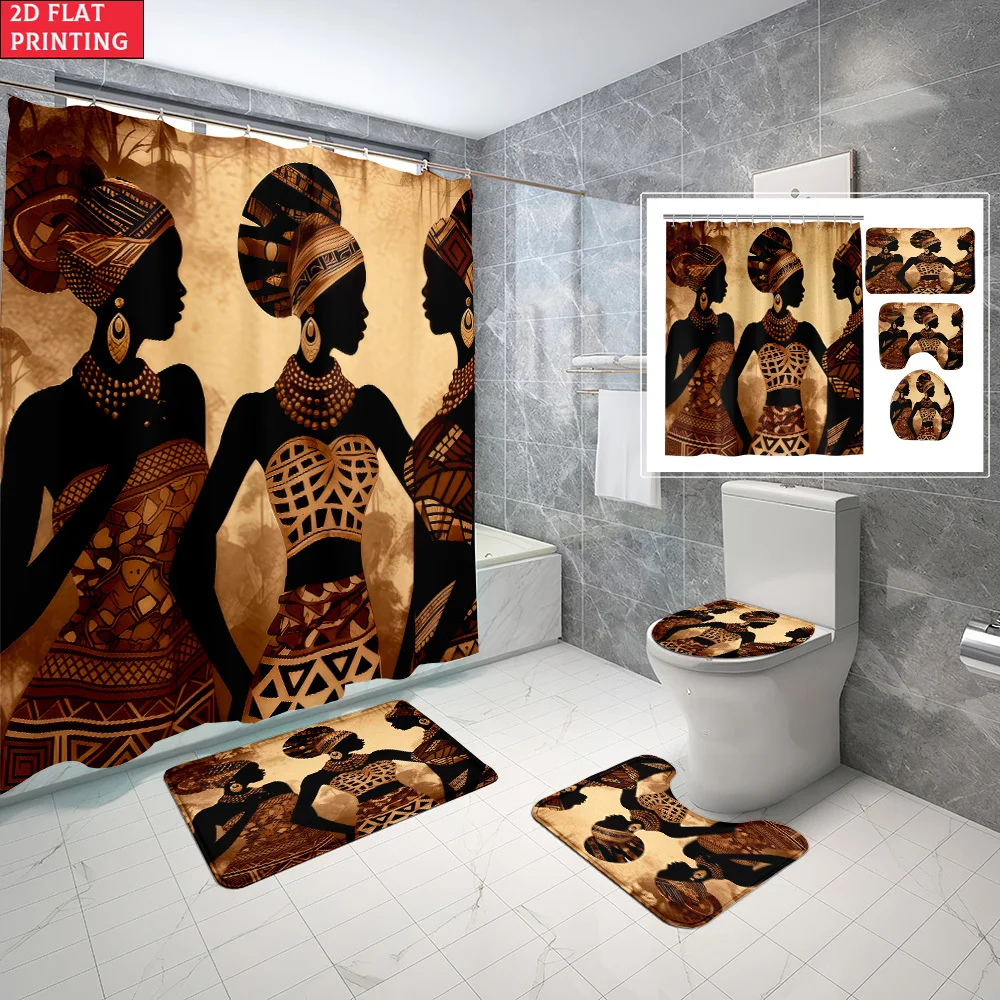

1pc/4pcs Shower Curtain and Bath Mat Set with African Women Silhouettes Tribal Patterns Artistic Design Non-Slip Bathroom Decor