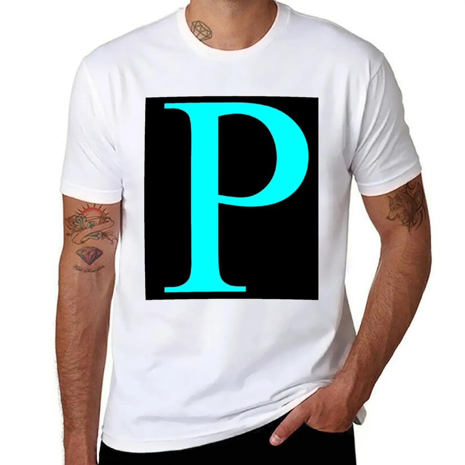 

The Letter P Cyan on Black 5748 T-Shirt man t shirts graphic cotton tshirt 100% T-Shirt