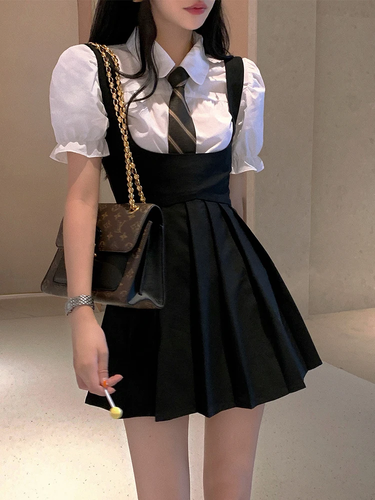 Preppy Tie Dress Women Summer Waist Hugging Slimming White Shirts A Word Black Suspender Skirt Two-piece Suit 