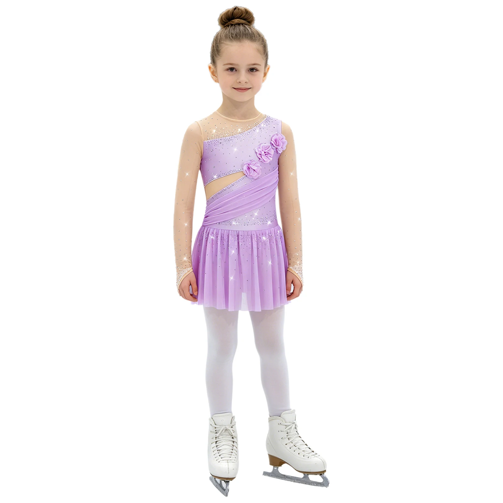 Mädchen Glänzendes Strass-Gymnastik-Ballett-Lyrical-Tanz-Auftrittskostüm Langarm 3D-Blumen Eiskunstlauf-Netzkleid – Detail 12