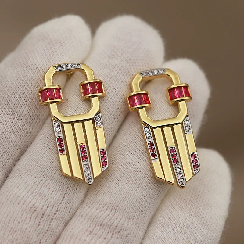 جديد البصر تصميم فاخر كريستال هندسية وأقراط للنساء أزياء العلامة التجارية مجوهرات زركونيا الأقراط الجوف