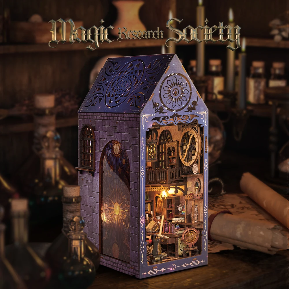 DIY Buch Nook Regal Einsatz Kits Magic Research Society Holz Miniatur Modell Kit handgemachte Buchstütze Licht Bücherregal Freunde Geschenke