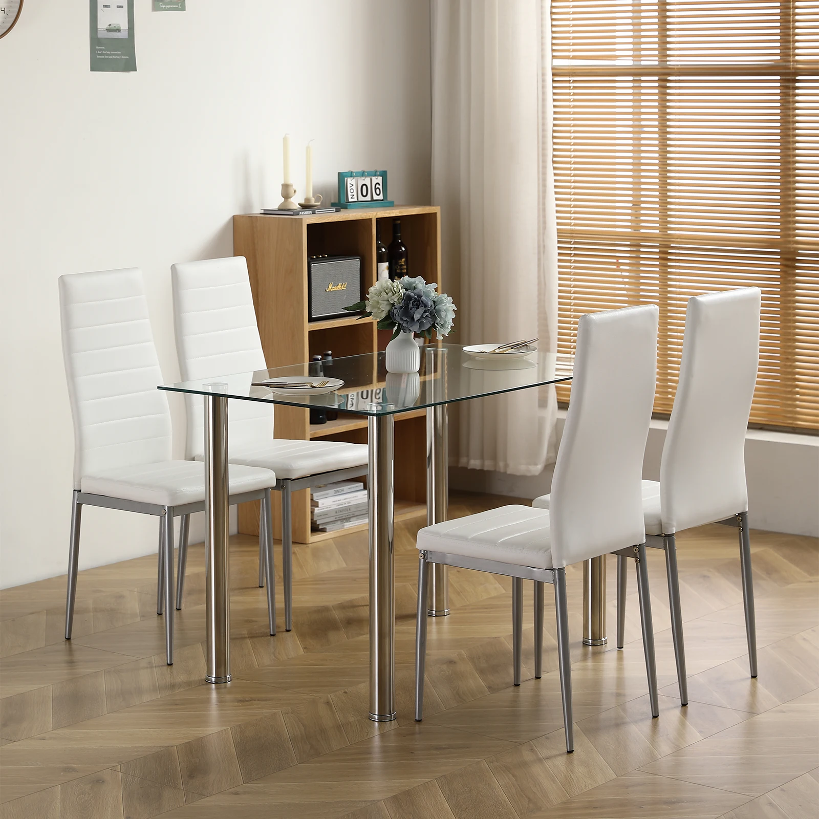 5 Piece 1 Glass Dining Table Set Kitchen And Chairs For 4 PU Leather Modern Room Sets For Home Kitchen Living Room Furniture