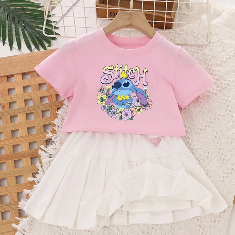 Lilo Stitch Girl Clothes Set 2pcs Pleated Skirt T Shirt Outfits Kawaii Cartoon Toddler Tops Mini Dress Kids Pink Tee Skirts Suit