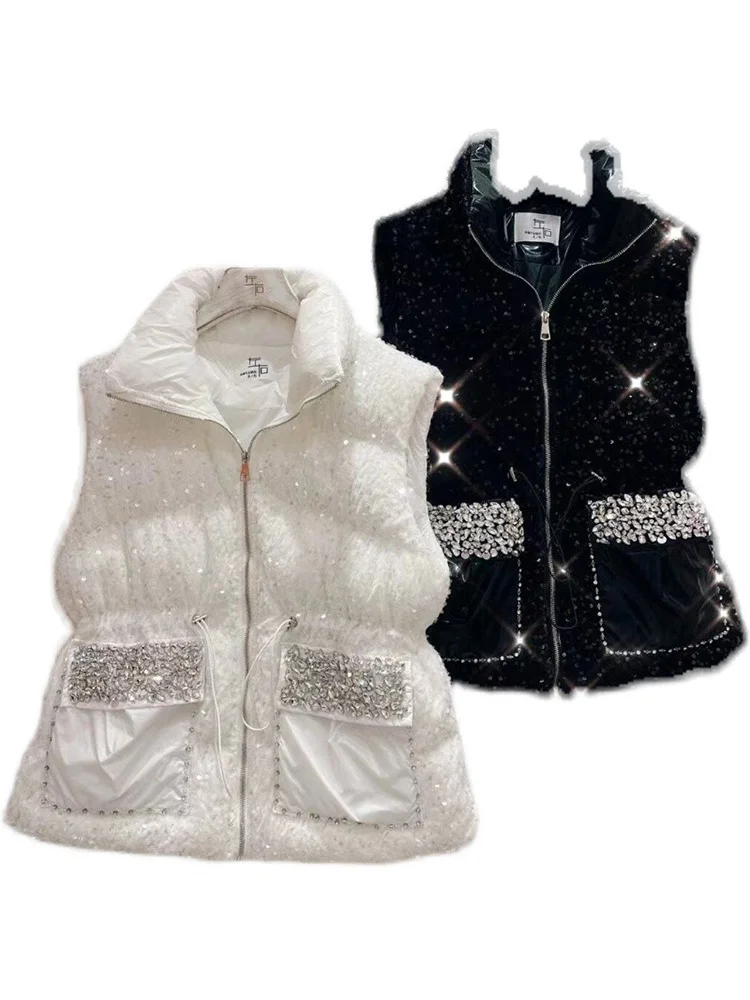 Women Diamond Sequins Vests Bread Coats New Autumn Winter Drawstring Zip Sleeveless Wadded Jackets All-match Casual Waistcoat