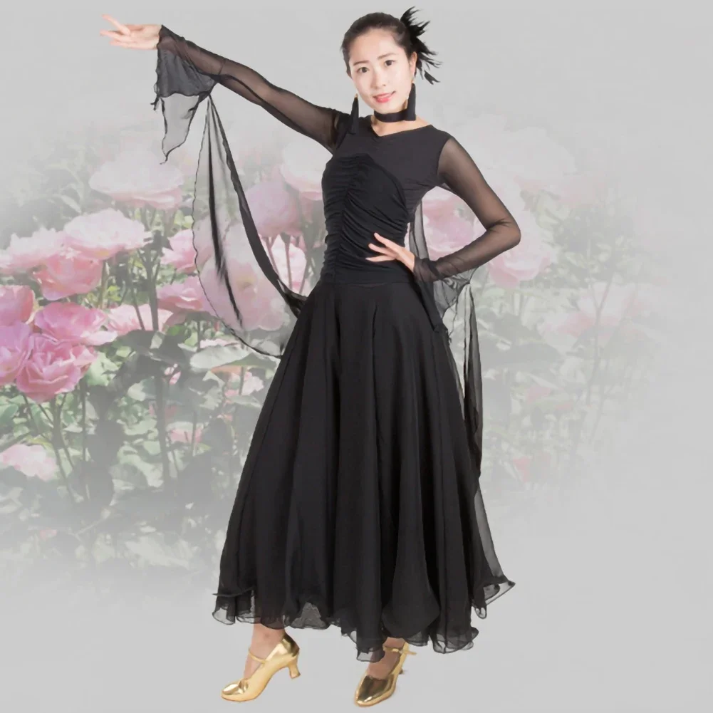 Strój na zawody taneczne, standardowy, z siateczki i wstążek, sukienka do tańca towarzyskiego z długim rękawem, sukienka do walca z dekoltem w serek, kostium do flamenco.