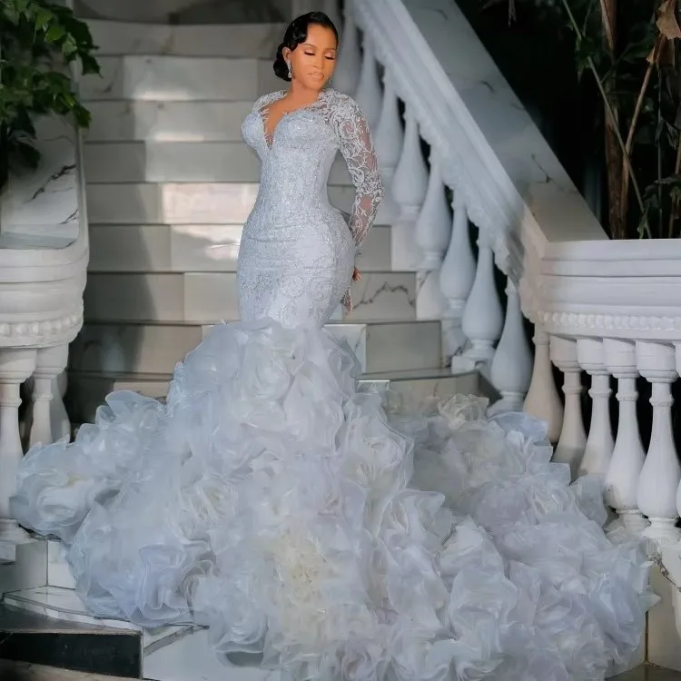 Luxury Mermaid Wedding Dress Sheer V-neck Long Sleeves Lace Sequins 3D Rose Ruffle Retro Bride Gowns African Vestidos De Noiva