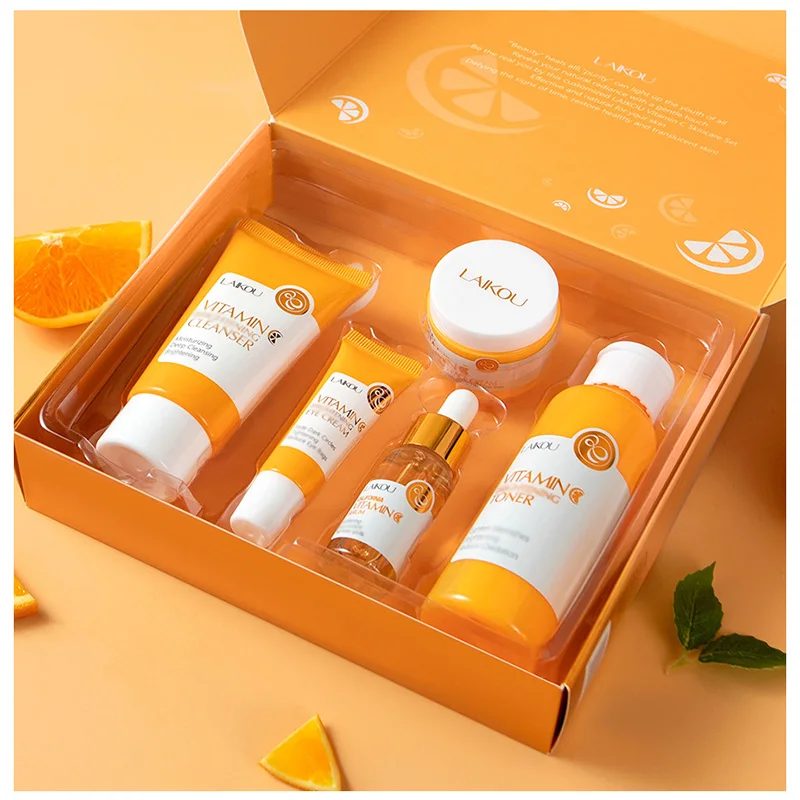 LAIKOU Vitamin C Facial Whitening Care Set Face Cleanser Fade Dark Circles Eye Cream Essence Lighten Spots VC Brightening Care