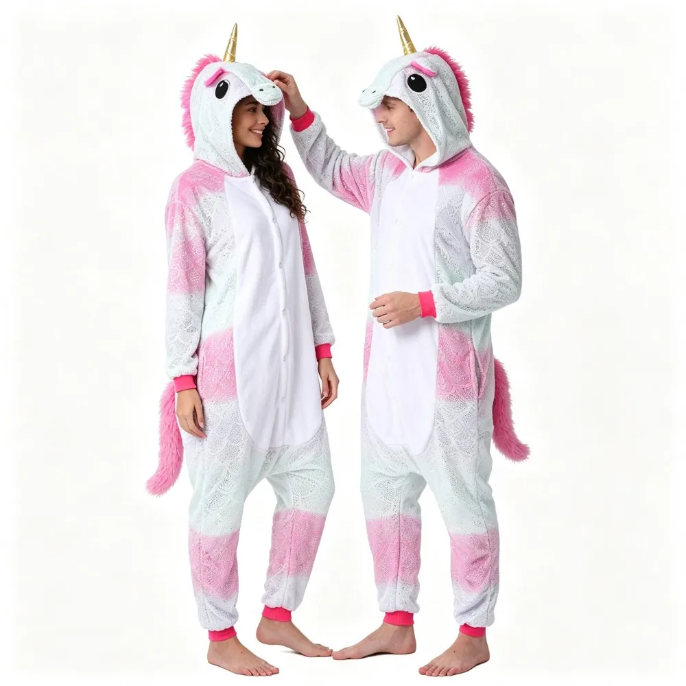 Unicorn Kigurumi Flannel Winter Warm Jumpsuits Adult Onesies One Piece Hooded Overalls Halloween Costumes Pijamas Winter Pyjamas