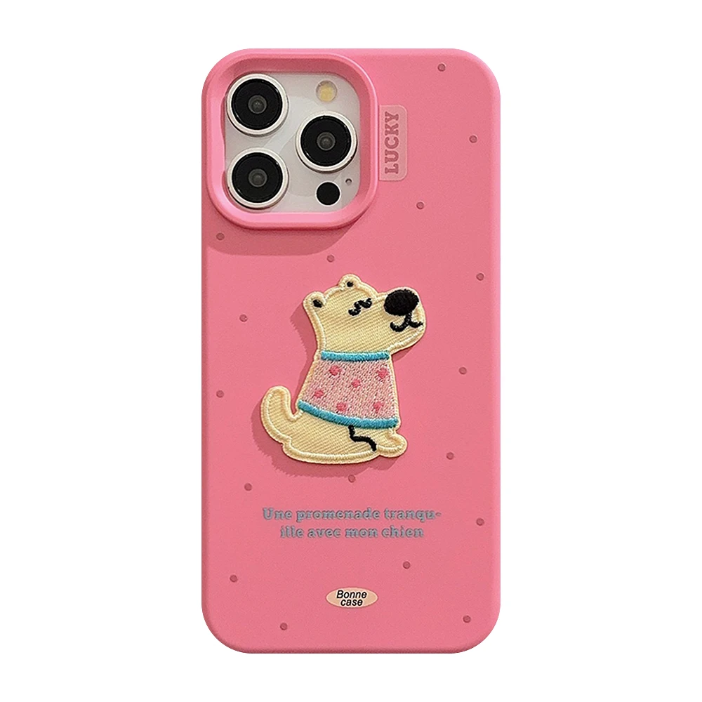 Belle INS Rose Rouge Broderie Mignon Chien Autocollants Coque de Téléphone pour iPhone 16 15 14 13 Pro Max Couverture Arrière de Téléphone pour 12 Pro Capa