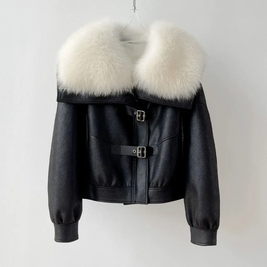 Autumn Winter Fur Collar Thick Warm Jacket Women Vintage Harajuku Parkas Faux Leather Coat Design High-end Outerwear Casual
