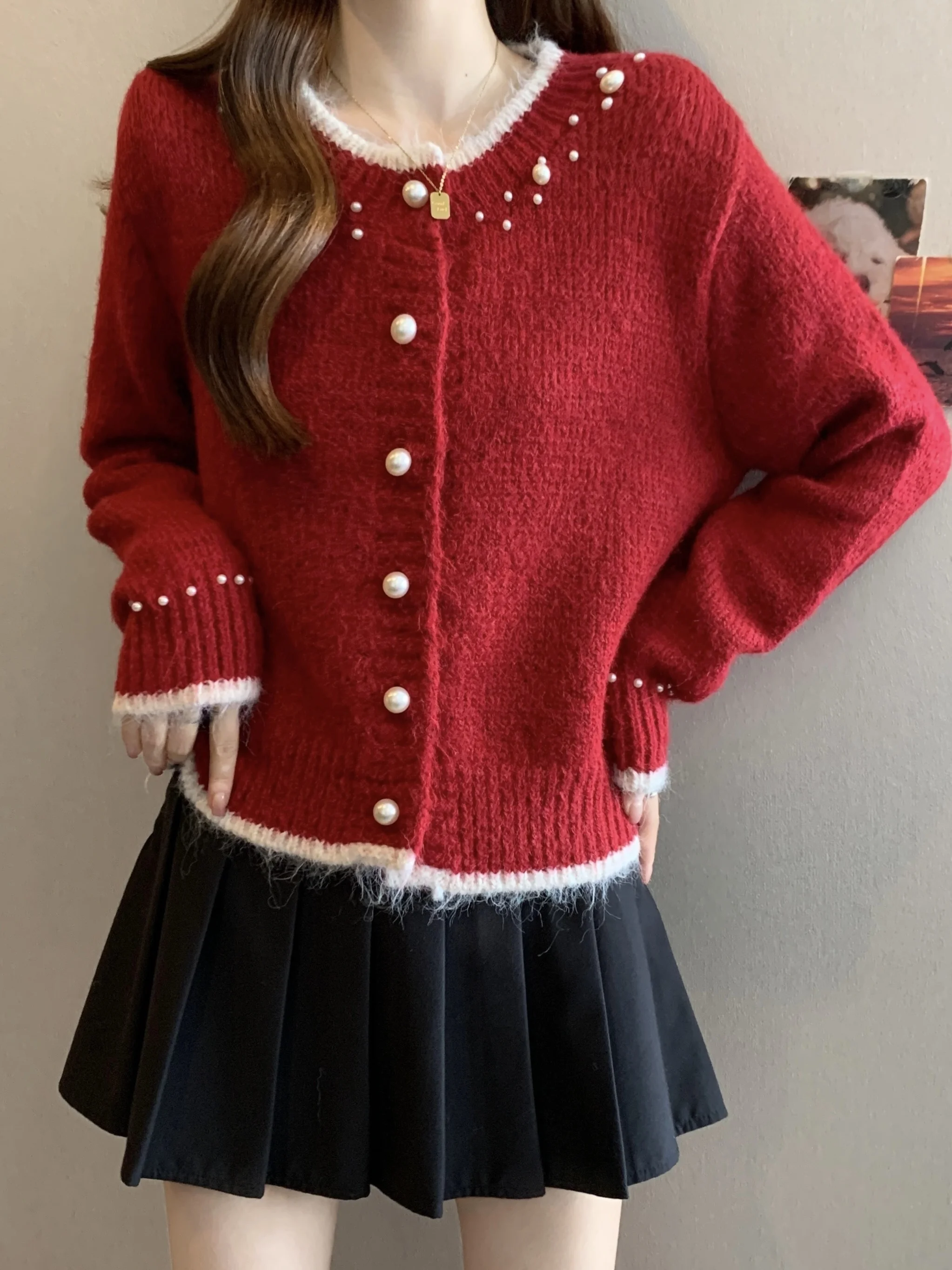 Red Heavy Embellished Knitted Short Cardigan Sweater Women's Spring Autumn plus Size Fashionable Top Quality Pearl Decoration