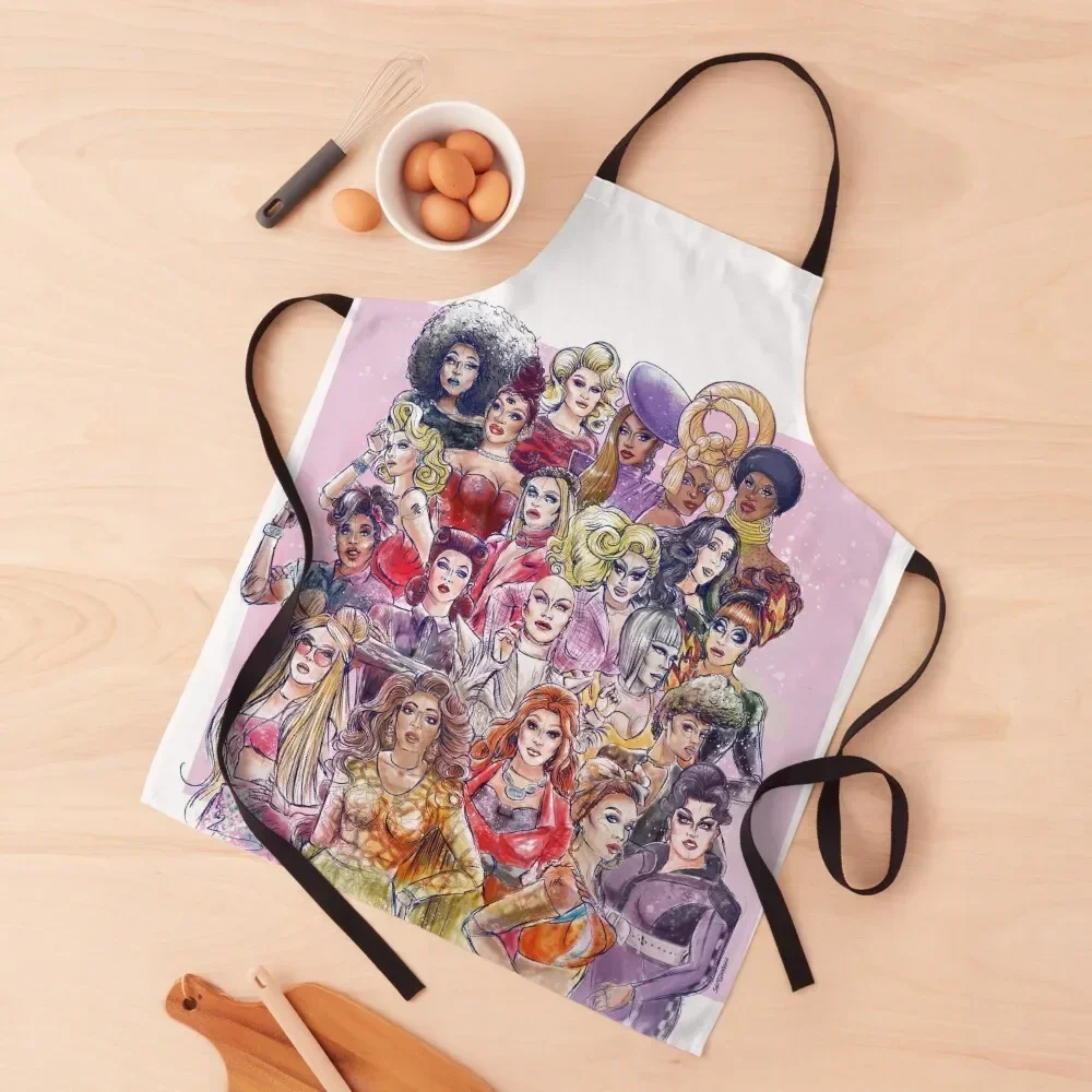 

RuPaul's Drag Race All Winners Apron Women Kitchen'S japanese style Women's Dress work gowns for women cleaning Apron