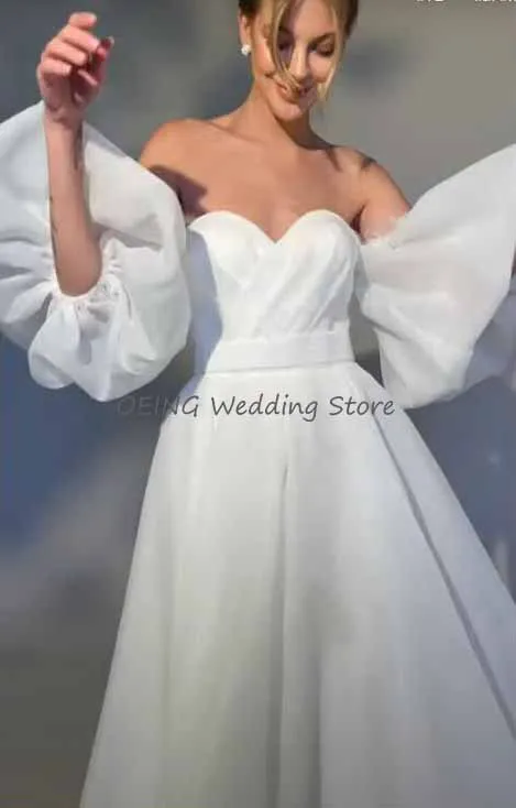 Midi Wedding Dress Ankle Length A Line Puff Sleeves Short Wedding Gown 2023 White Sweetheart Backless Simple Bridal Dresses