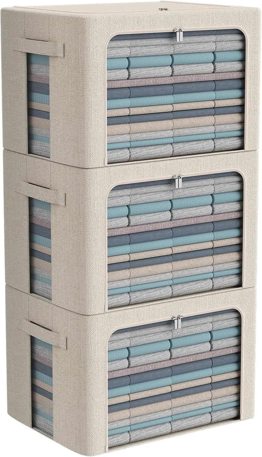 

Набор из 3 складных контейнеров для хранения с прозрачными окнами, штабелируемые тканевые органайзеры большой вместимости 66 л, бежевые