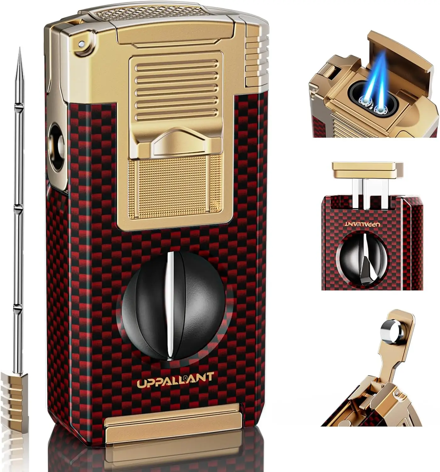 

5-in-1 Torch Lighter with Cutter, Punch, Holder, Draw Enhancer Tool and Dual Jet Flames for Men, Windproof Versatile Accessories