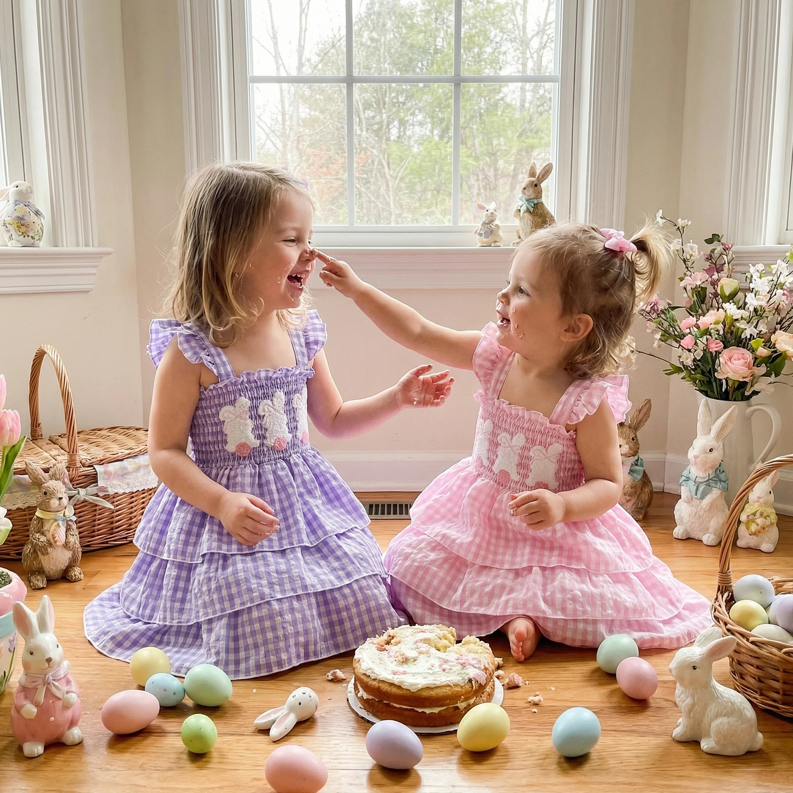 FOCUSNORM 0-4Y Easter Toddler Kids Girls Sweet Dress Fashionable Rabbit Embroidery Plaid Flying Sleeve Square Neck Summer Dress
